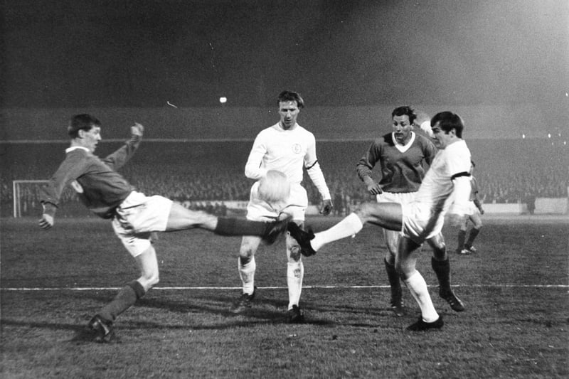 Terry Cooper, right, challenges future Manchester United boss Alex Ferguson, left, as Jack Charlton, centre, joins in against Glasgow Rangers in the Inter-Cities Cup quarter-final of April 1968. Picture by YPN.