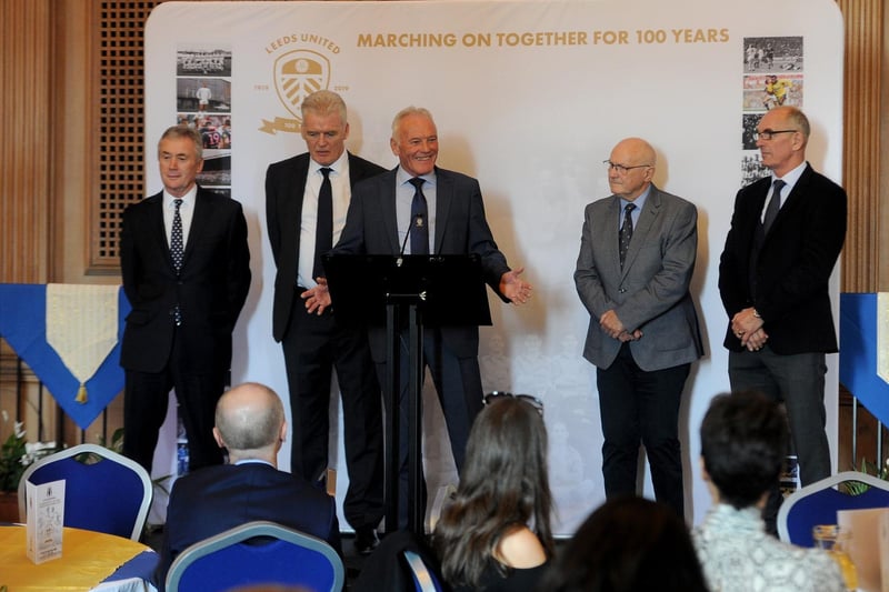 Terry Cooper, second right, alongside, left to right, Trevor Cherry, Gordon McQueen, Eddie Gray and Joe Jordan at a civic reception at Leeds Civic Hall for Leeds United's centenary year celebrations in October 2019. Picture Tony Johnson.