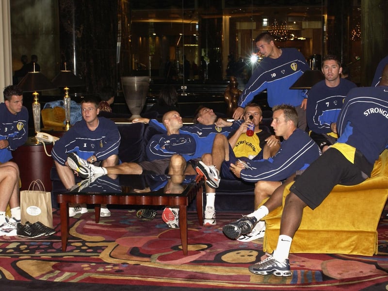 Leeds United players relax prior to a training session.