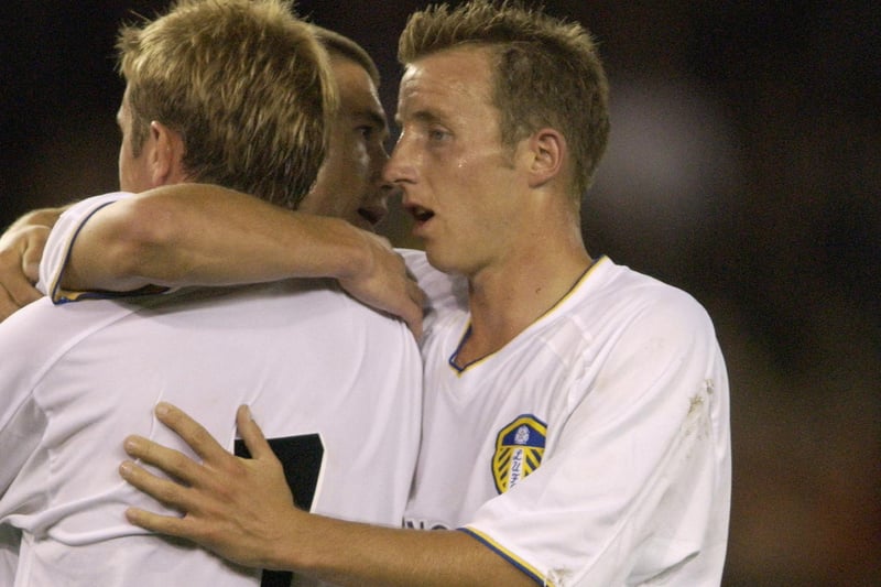 Harry Kewell celebrates his goal with Stephen McPhail and Lee Bowyer.