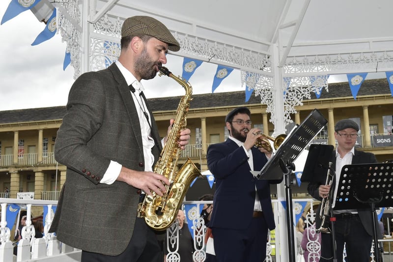 Martin Robinson of Flat Cap Brass performing in the Piece Hall for Yorkshire Day.