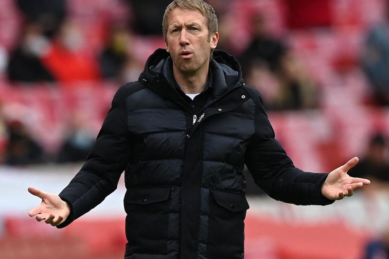 Brighton's English manager Graham Potter reacts during the English Premier League football match between Arsenal and Brighton and Hove Albion at the Emirates Stadium in London on May 23, 2021.