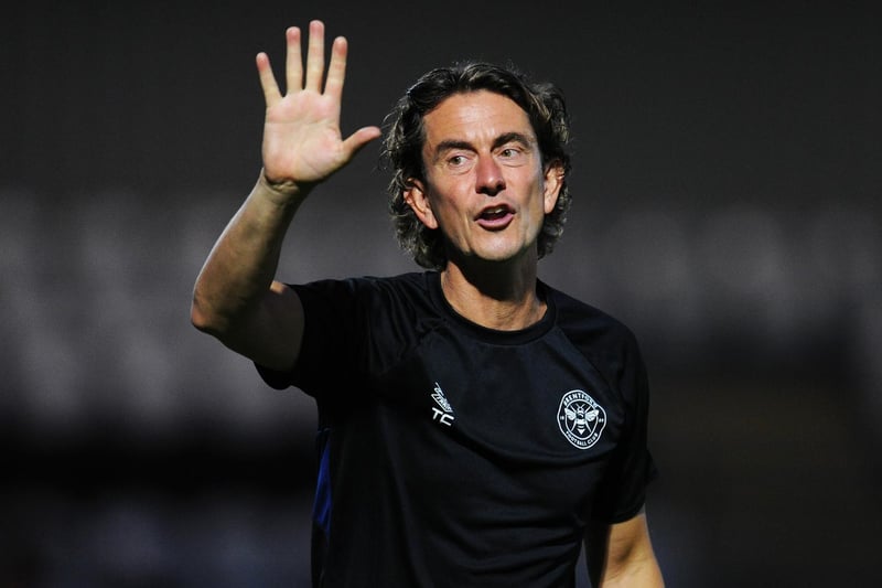 Thomas Frank, Manager of Brentford shows appreciation to the fans at full-time after the Pre-Season Friendly match between Boreham Wood and Brentford at Meadow Park on July 20, 2021 in Borehamwood, England.