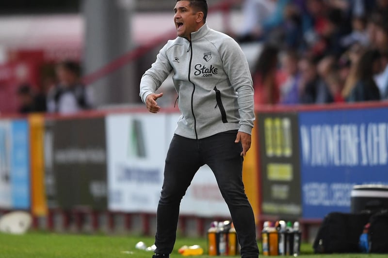 Xisco Munoz, Manager of Watford gives his team instructions during the Pre-Season Friendly match between Stevenage and Watford at The Lamex Stadium on July 27, 2021 in Stevenage, England.
