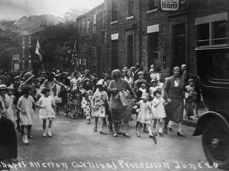 A section of Chapel Allerton Carnival procession passing the Regent Inn on Regent Street in June 1920.