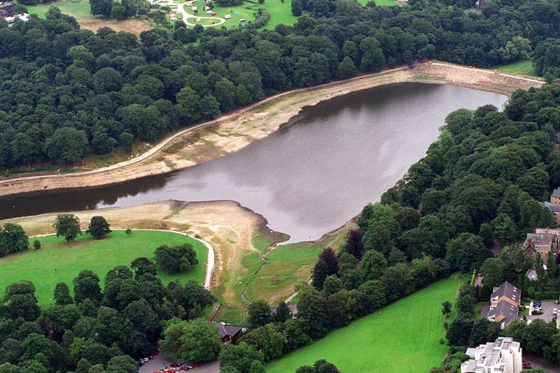 An aerial view of the Roundhay Park lake showing low water levels.