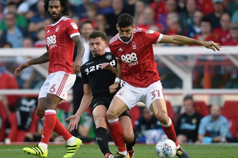 Kalvin Phillips tackles Nottingham Forest's Andreas Bouchalakis.