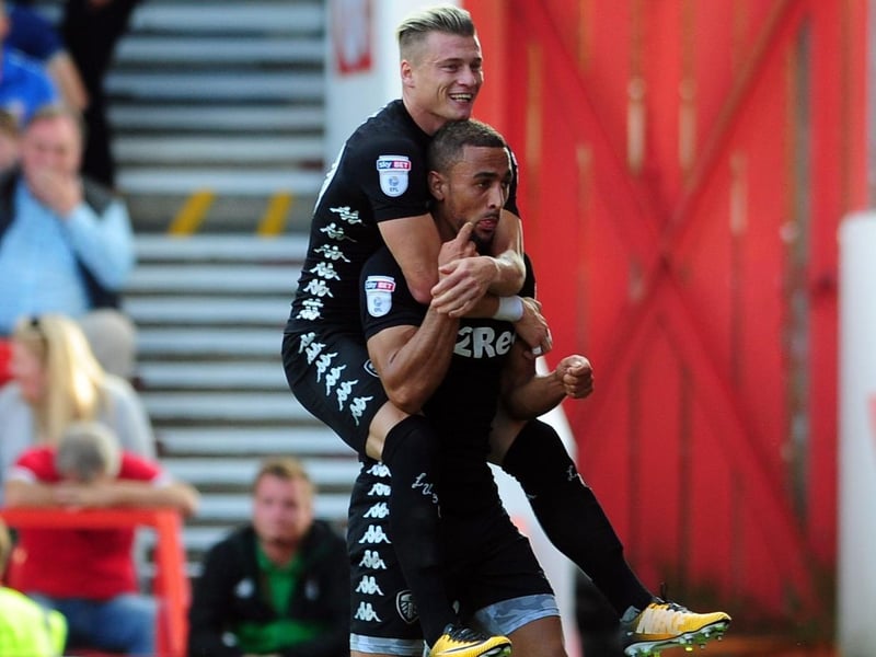 Kemar Roofe celebrates opening the scoring with Ezgjan Alioski.