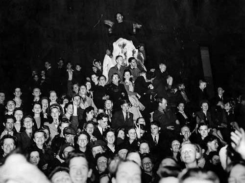 A section of the crowd who were still celebrating outside Leeds Town Hall at 1.30am.