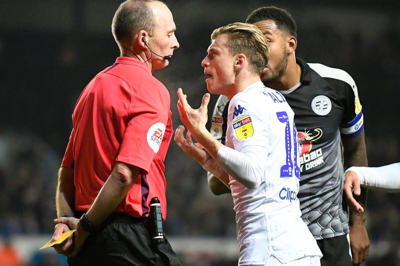 Ezgjan Alioski complains to referee Mike Dean after being booked for diving during the Championship clash against Reading at Elland Road in November 2018.