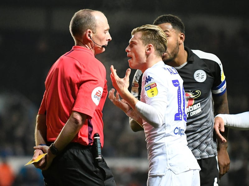 Ezgjan Alioski complains to referee Mike Dean after being booked for diving during the Championship clash against Reading at Elland Road in November 2018.