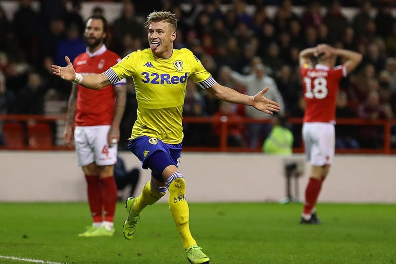 Ezgjan Alioski celebrates after scoring against Nottingham Forest at City Ground on New Year's Day in January 2019.