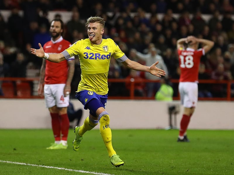 Ezgjan Alioski celebrates after scoring against Nottingham Forest at City Ground on New Year's Day in January 2019.