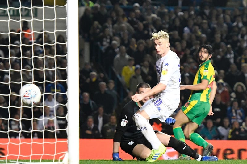 Ezgjan Alioski scores Leeds United's fourth goal during the Championship clash against West Bromwich Albion at Elland Road in March 2019.