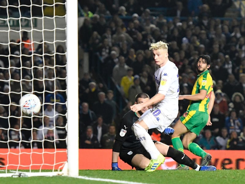 Ezgjan Alioski scores Leeds United's fourth goal during the Championship clash against West Bromwich Albion at Elland Road in March 2019.