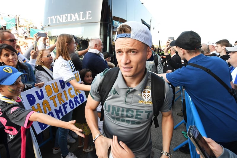 Ezgjan Alioski arrives prior to the Championship clash agaiost Derby County at Elland Road in September 2019.