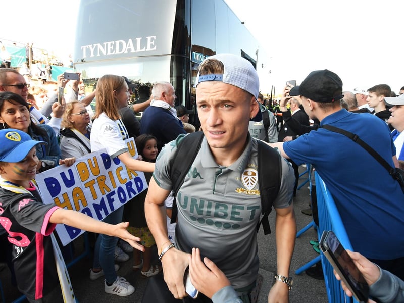 Ezgjan Alioski arrives prior to the Championship clash agaiost Derby County at Elland Road in September 2019.