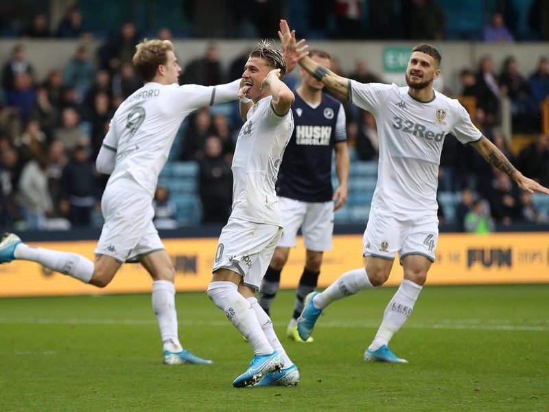 Ezgjan Alioski celebrates scoring during the Championship clash against Millwall at The Den in October 2019.