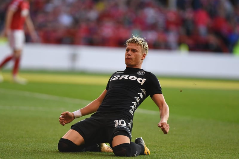 Ezgjan Alioski celebrates after scoring Leeds United's second goal during the Championship clash against Nottingham Forest at the City Ground in August 2017.