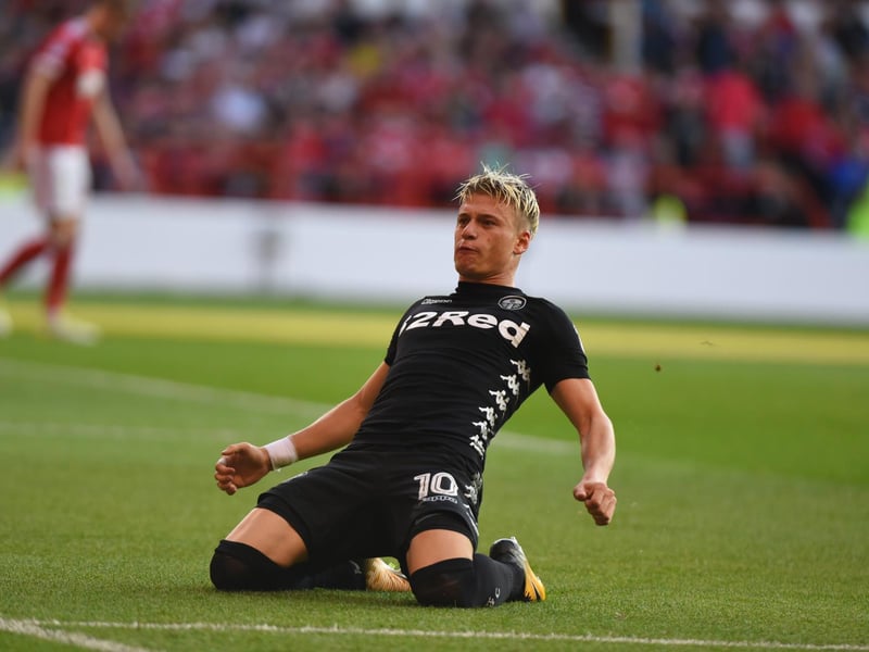 Ezgjan Alioski celebrates after scoring Leeds United's second goal during the Championship clash against Nottingham Forest at the City Ground in August 2017.