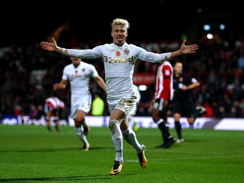 Ezgjan Alioski celebrates after scoring the equaliser during the Championship clash against Brentford at Griffin Park in November 2017.
