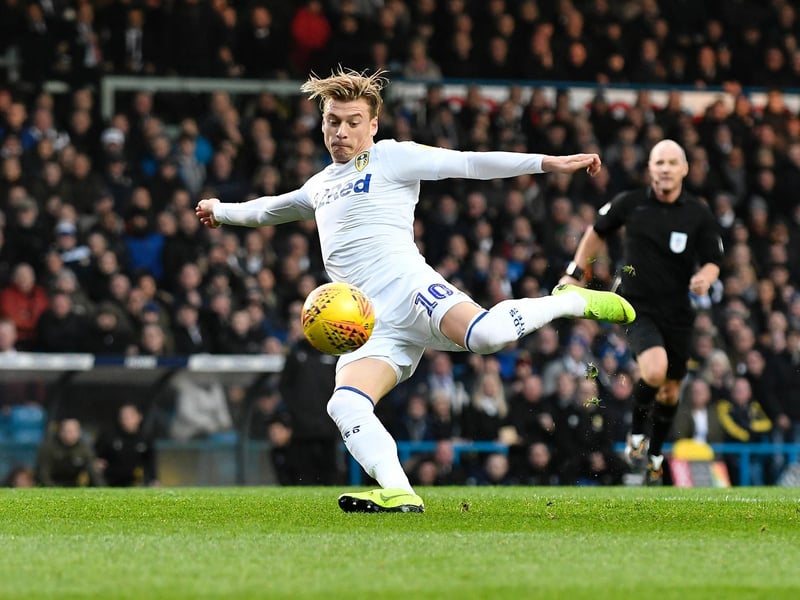 Ezgjan Alioski volleys the ball towards goal during the Championship clash against Bristol City at Elland Road in November 2018.