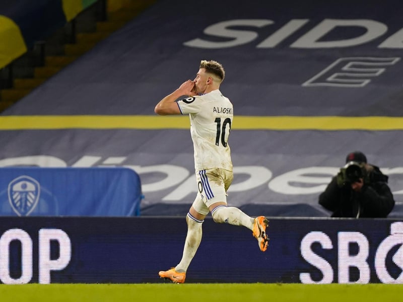 Ezgjan Alioski celebrates after scoring Leeds United's fourth goal during the Premier League clash against Newcastle United at Elland Road in December 2020.