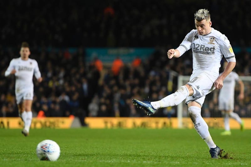Ezgjan Alioski hits the post during the Championship clash against Preston North End at Elland Road in December 2019.