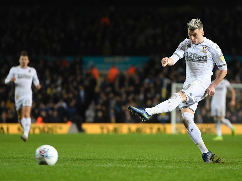 Ezgjan Alioski hits the post during the Championship clash against Preston North End at Elland Road in December 2019.
