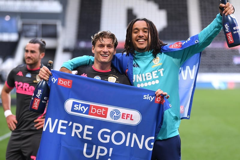Ezgjan Alioski celebrates winning the league and promotion to the Premier League with Helder Costa after the Championship clash with Derby County at Pride Park in July 2020.