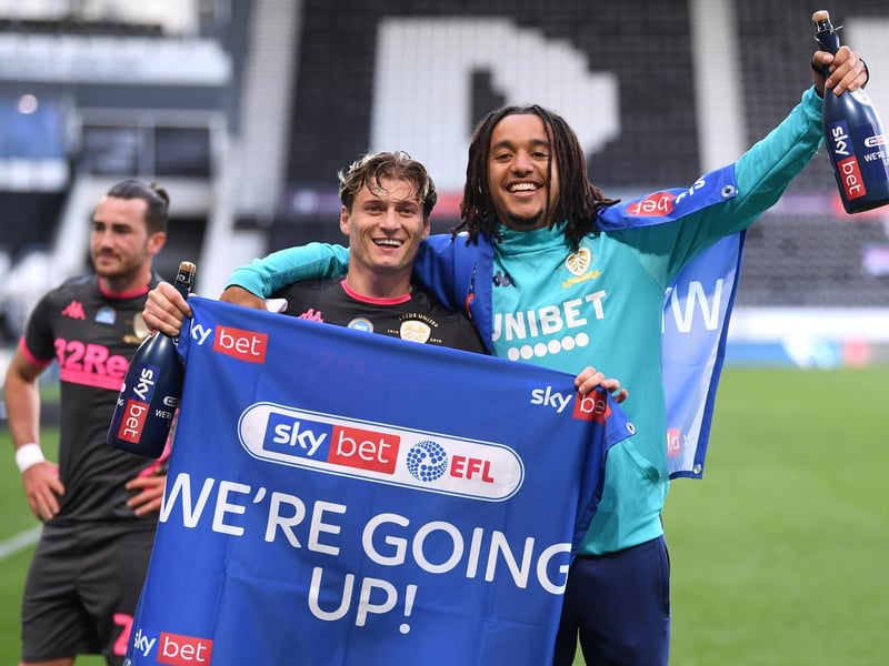 Ezgjan Alioski celebrates winning the league and promotion to the Premier League with Helder Costa after the Championship clash with Derby County at Pride Park in July 2020.