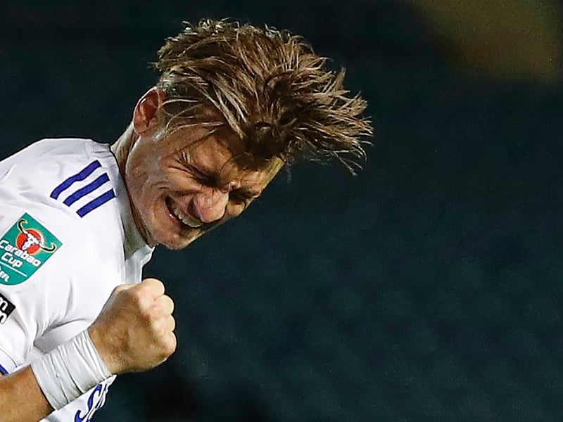 Ezgjan Alioski celebrates after scoring the equaliser during the League Cup second round clash against Hull City at Elland Road in September 2020.
