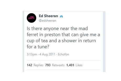 That famous tweet, in which Sheeran asks for some Preston hospitality