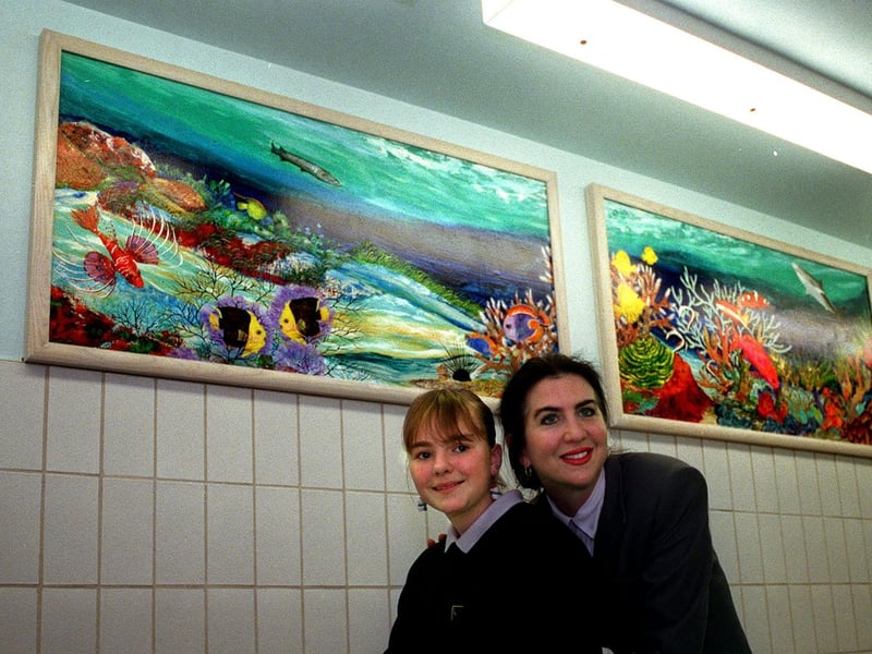 Artist Amy Preater and out-patient Samantha Hellewell with part of the coral reef mural in the Hydrotherapy Unit at Leeds General Infirmary.