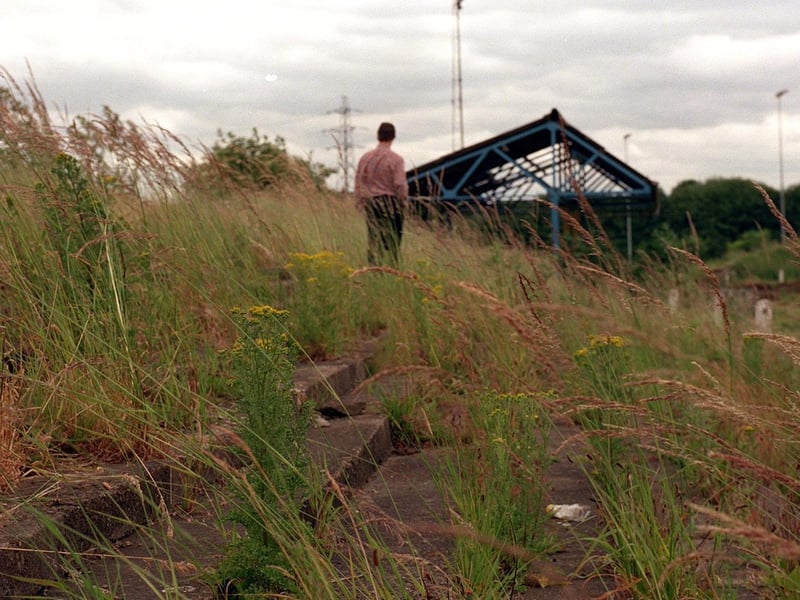 Grass grows on the terraces of the old Headingley Rugby Union ground at Kirkstall, before the developers move in to build on the site.