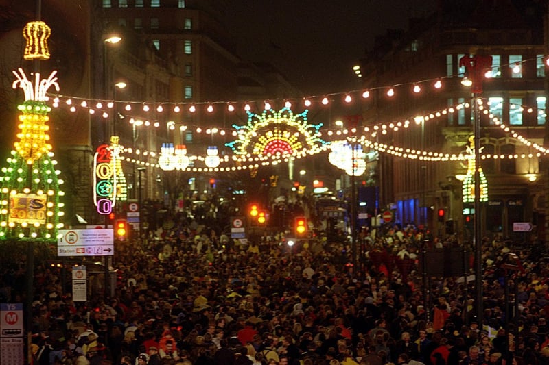 The crowds in The Headrow to see the Leeds Lights switch-on in November 1999.