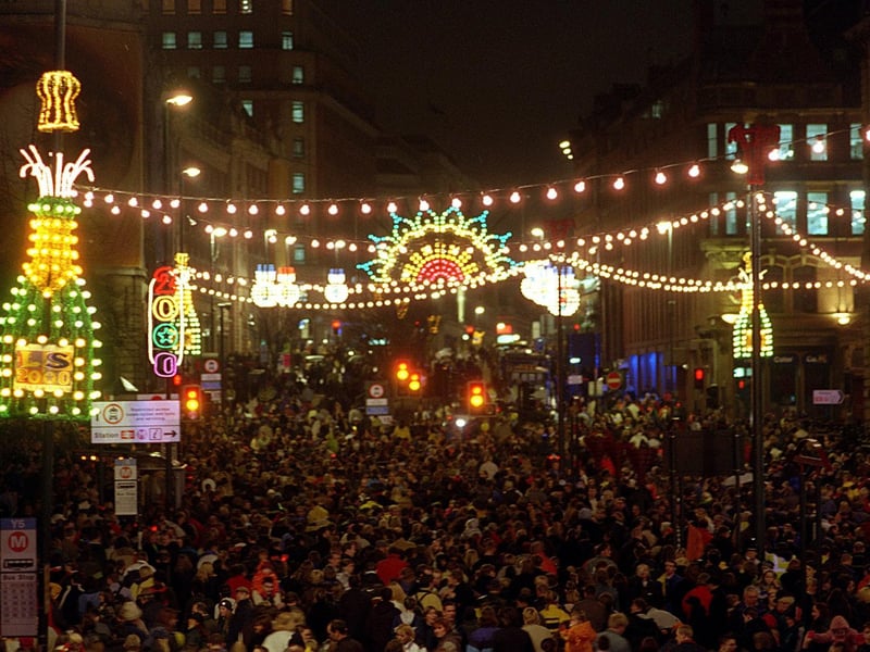 The crowds in The Headrow to see the Leeds Lights switch-on in November 1999.