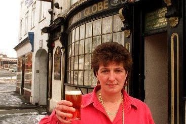 Landlady Sue Bowers, pictured outside the Old Globe public house, Westgate, Wakefield in 1996