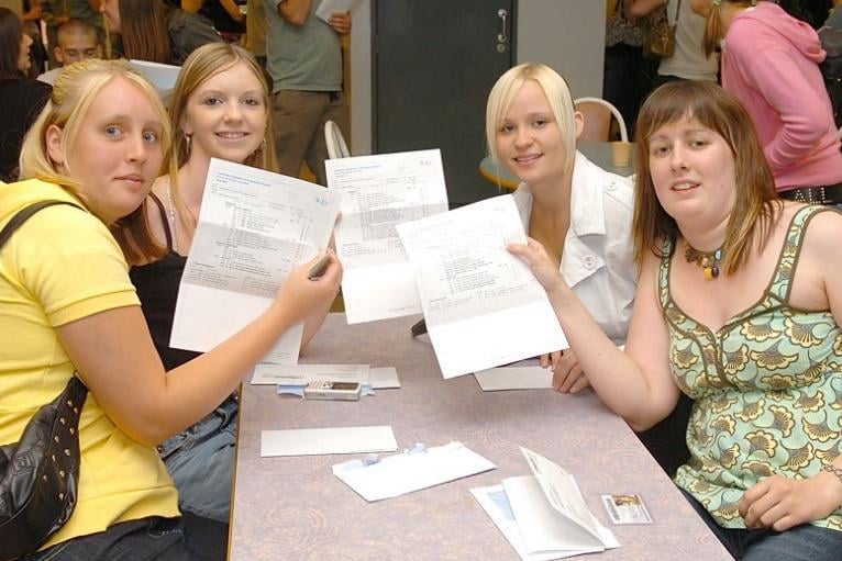 A levels results day at Wakefield College. Happy studens L to R Leigh Shaw, Claire Amber, Cassandra Lucas, Frances Shaw.