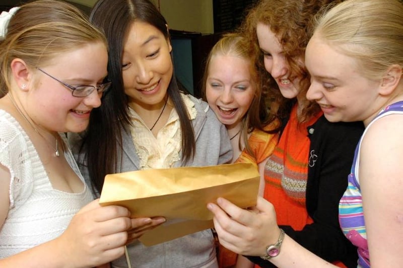 Wakefield Girls High School. A-level results. Annie Ladley from West Bretton, wearing red shares her delight with friends the Wimbush triplets, Felicity, Heather, Antonia, and Siyao Wang. Annie attained four A's two of which are in the country's top five.