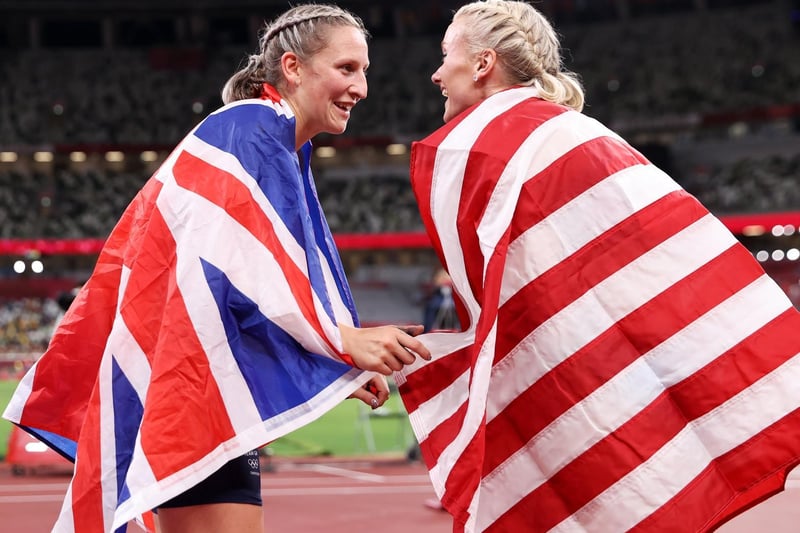 Bronze medallist Britain's Holly Bradshaw and gold medallist USA's Katie Nageotte (right) celebrate