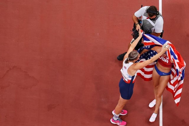Holly Bradshaw congratulates gold medallist Katie Nageotte of Team USA