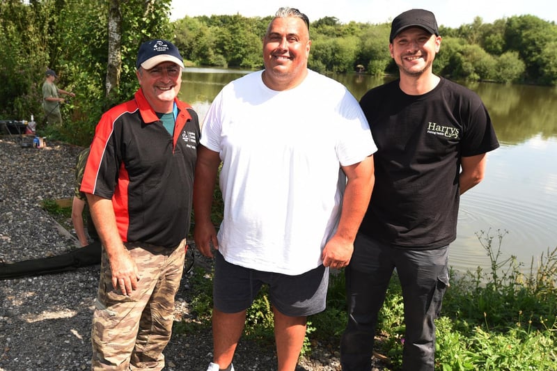 from left, Paul Lucas from Moathouse Fisheries, event organiser Zacc Harvey and Sonny White from Harry's Fishing Tackle.