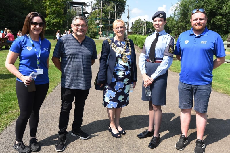 The Mayor of Wigan takes a tour of the events, from left, Lynsey Johnson, Coun Chris Ready, Mayor of Wigan Coun Yvonne Klieve, Mayor's cadet  Megan Lawrence and Chris Hayes.
