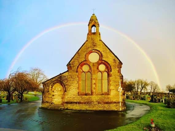 A rainbow over Hindley's cemetery chapel by Lyndsey Williams.