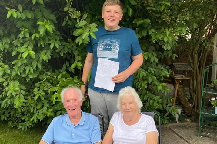 My son and his great grandma and grandad after his GCSE results.  He absolutely smashed them he got one 8 and nine 9s.   We are all so proud of him - sent by Rach Abbott.