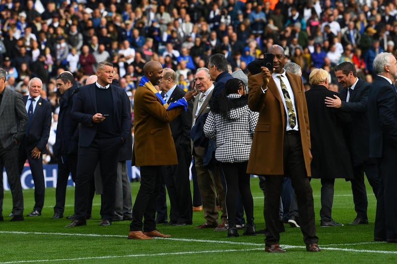 United legends are presented on the pitch to a packed crowd before the game.