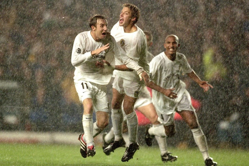 Leeds United midfielder celebrations scoring a late winner against AC Milan in 2000.