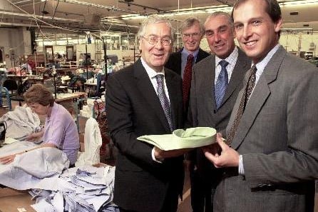 The Governor of the Bank of England, Mervyn King (left ) visits the Wakefield Shirt Group, pictured with l-r, Mark Pratt ( Bank of England Agent for Yorkshire and the Humber) Richard J. Donner ( MD ), and R. John Donner ( Joint MD ). September 11, 2003.