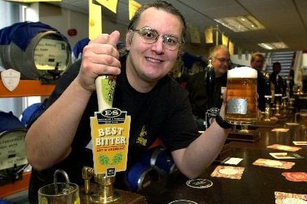 24th October 2003. Head brewer at Eastwood & Sanders with one of their bitters at the Wakefield Beer Festival.